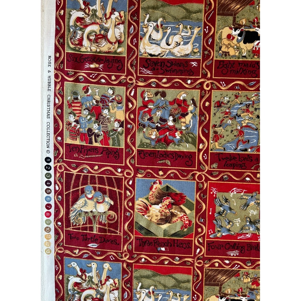 Fabric VTG Rose and Hubble Metallic 12 days of Christmas Patchwork Repeat 39x44"